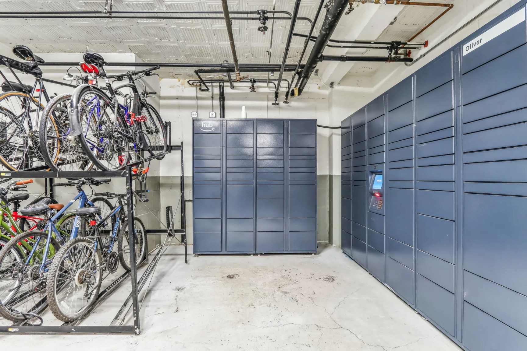 Amazon package lockers and bike storage at The Oliver on LaSalle