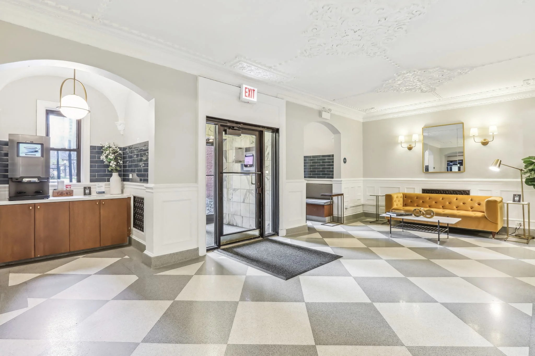 Lobby and coffee station at The Oliver on LaSalle