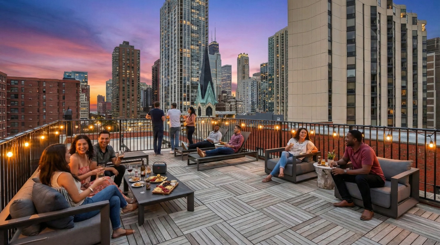AI rendering of residents enjoying the rooftop at The Oliver on LaSalle
