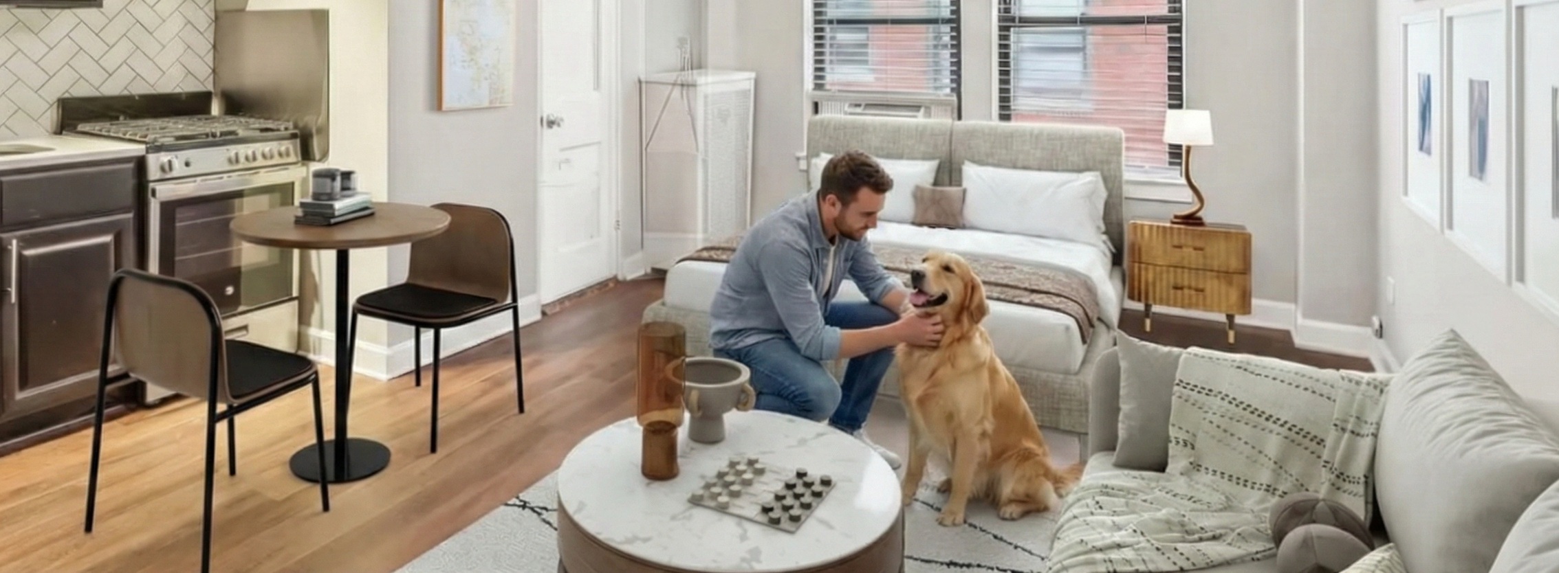 Man with dog in cozy apartment