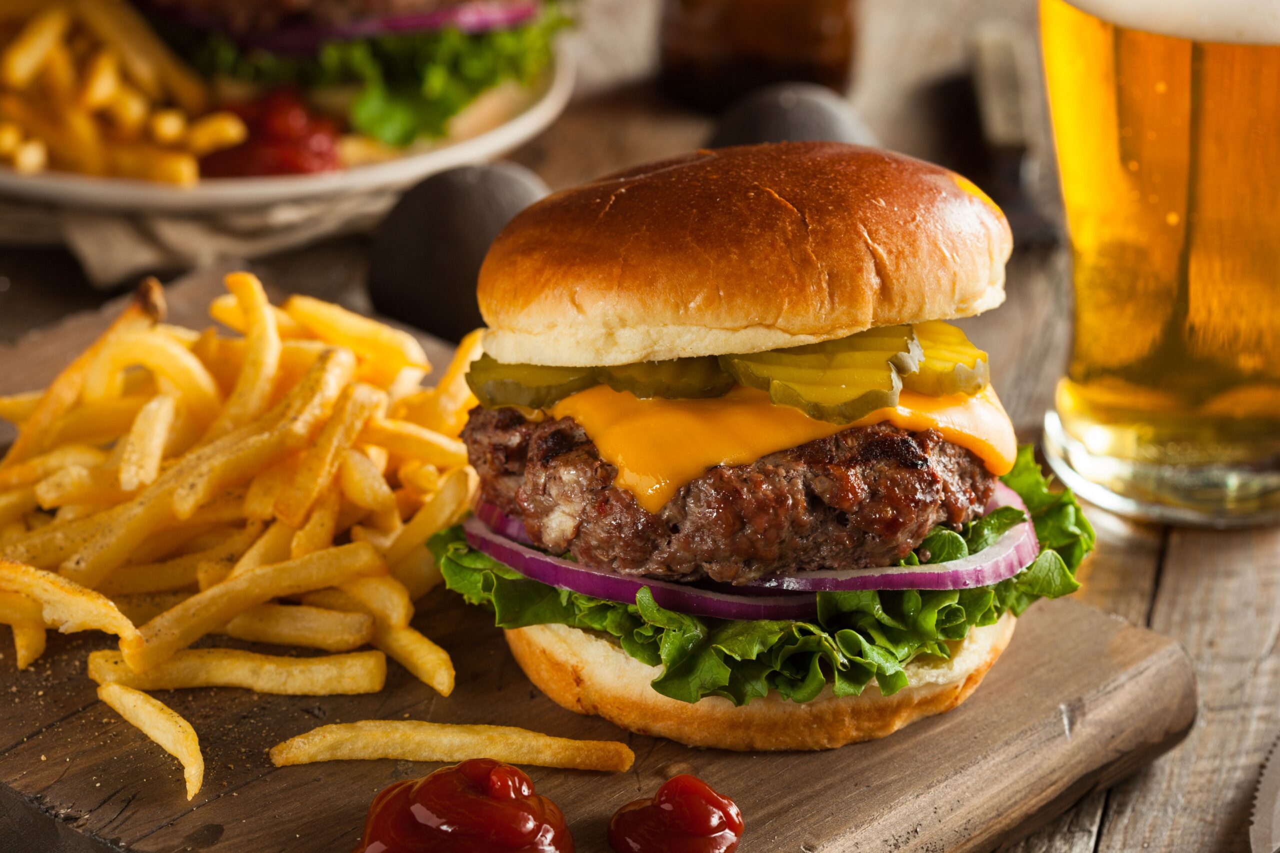 cheeseburger with fries and beer scaled