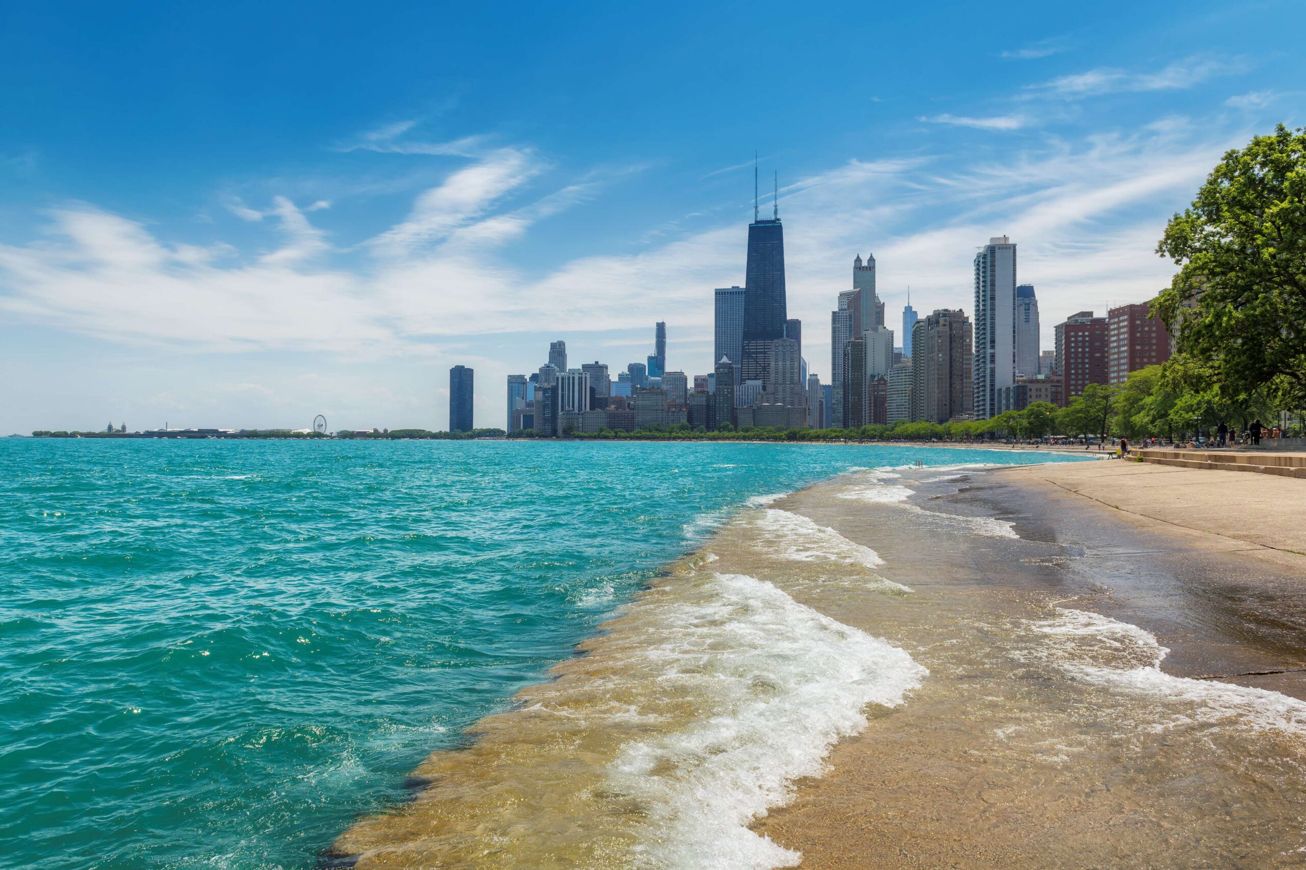 chicago skyline from lakefront shore scaled